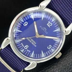 Vintage 1975 Fortis Manual Mens Silver Watch W/Nato Strap & Blue accents